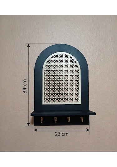 Rattan Rattan Desenli,Anahtar Askılıklı Raflı Duvar Organizeri Siyah