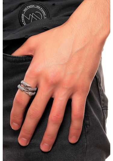 Erkek Antik Gümüş Kaplama 2'Li Kartal Pençesi Yüzük N11.11539 Çok Renkli