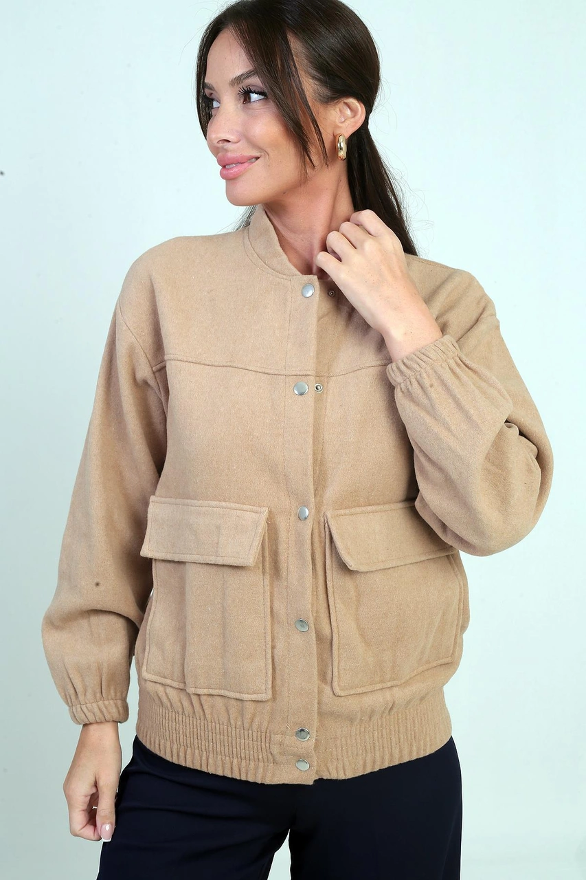 Beli Lastikli Torba Cepli Kaşe Bomber Mont-41943 Bej