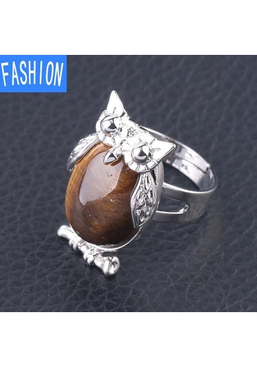 Kaplan Gözü Metal Baykuş Dışbükey Doğal Kristal Kakma Ayarlanabilir Yüzük Çok Renkli