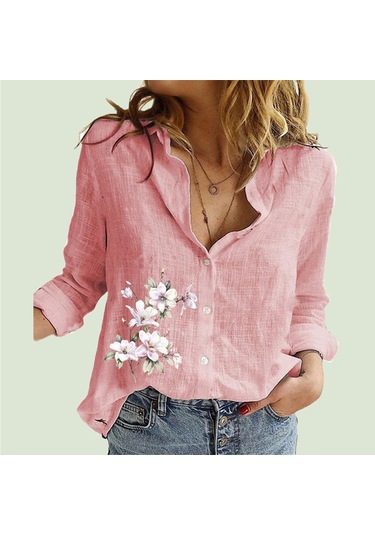 Pembe Kadın Moda Yaka Boyun Gömlek İlkbahar Ve Sonbahar Pamuk Keten Üst Rahat Baskı Hırka Bluzlar Pembe