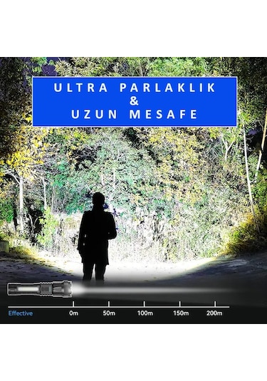 Valkyrie Şarjlı 7 Modlu Ultra Güçlü Led El Feneri Çakarlı Çok Fonksiyonlu Zoom 1500mah Siyah