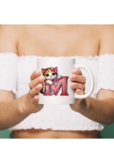 M Harfli Bardak, Sevimli Kedili Pembe Tasarım Bardak, Arkadaşa Aileye Hediye Porselen Beyaz