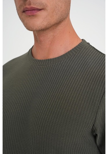 Comfort Fit Bisiklet Yaka Fitilli Kısa Kol Haki Tişört Ts 912 Haki