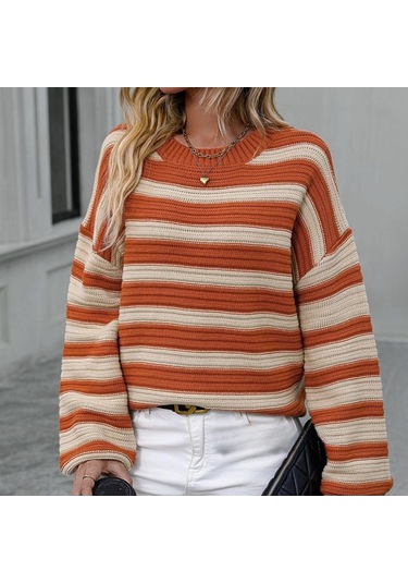 Tongxida White Knit Cardigan For Plus Size Women, Fall/winter, Striped, Loose Fit, Round Neck, Long Sleeve Beyaz