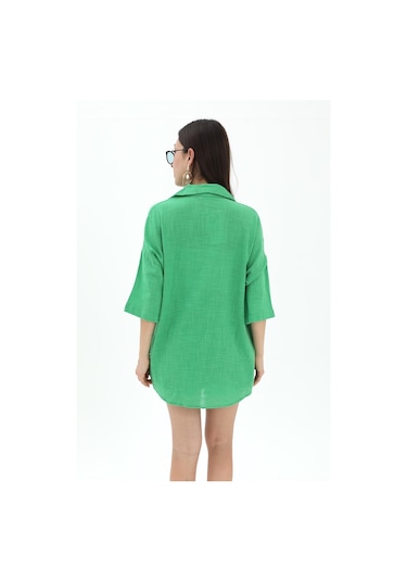 Pamuk Keten Şort Gömlek Kadın İkili Takım - Yeşil-yeşil Yeşil