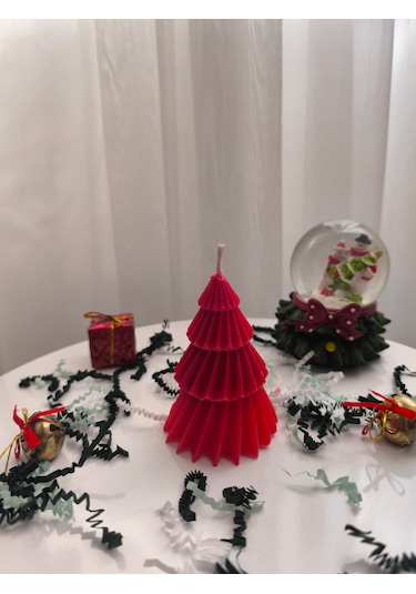 Çam Ağacı Desenli Yılbaşı Konseptli Dekoratif Mum, Tek Renk Kırmızı