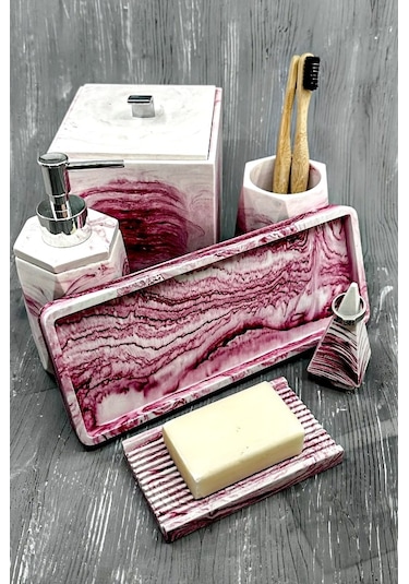 Betonmall 6'lı Mermer Desenli Beton Banyo Seti Çöp Kovalı Gri