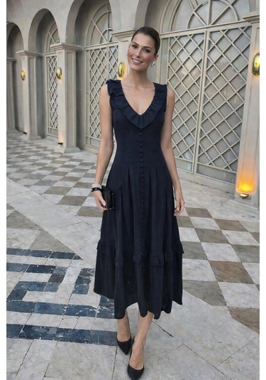 Asprinfashion V Yaka Önü Süs Düğmeli Keten Elbise Siyah