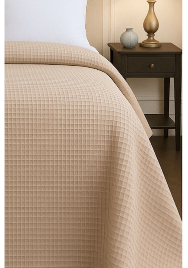 Renkli Gofret Desen Tek Kişilik Yatak Örtüsü Otel Pike 160x230 Cm Bej