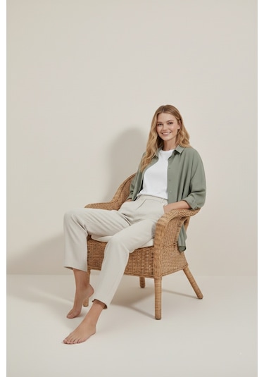 Yxc Trend Maker Oversize Uzun Basic Bayan Keten Gömlek Haki