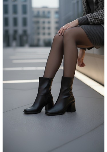 Kadın Rozi Küt Burunlu Topuklu Streç Bot Siyah