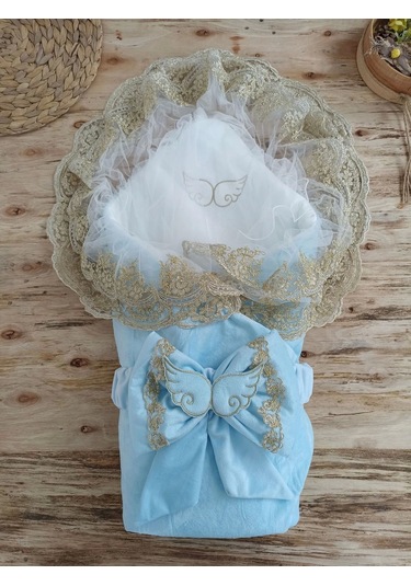 Yenidoğan Soft Kumru Melek Kanat Fiyonklu Gold Çift Dantel Duvaklı Trilüks Kundak Bebek Battaniyesi Mavi