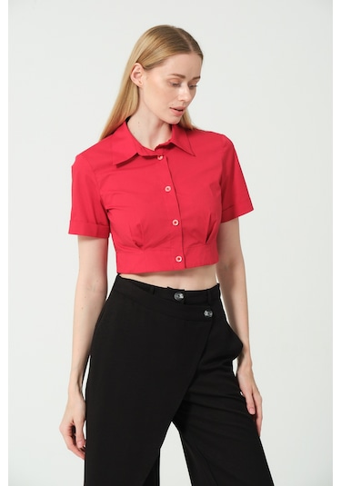 Samore Polo Yaka Crop Gömlek Kırmızı
