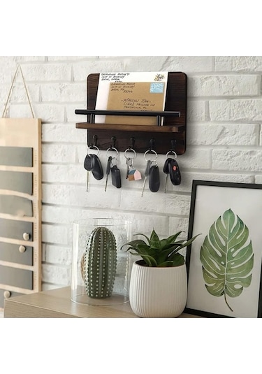 Flybuy Ahşap Anahtarlık Duvar Rafı - Çam Ağacı Kahverengi, 25x18.5x7.5cm, Endüstriyel Dekor İçin Mükemmel Giriş Siyah