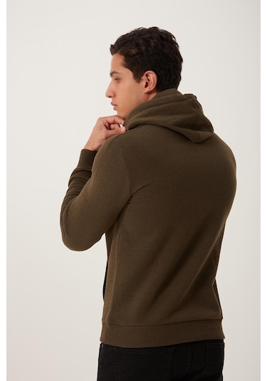 Erkek Kapüşonlu Kanguru Cep 3 İplik Sweatshirt Haki