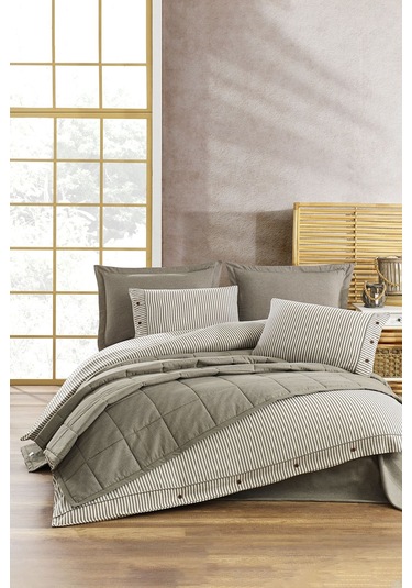 Life %100 Pamuk Nevresim Takımı Ve Yatak Örtüsü 7 Parça Haki Bej