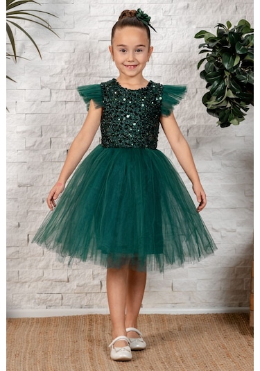 Tüllü Kız Çocuk Kpl Elbise Mnk0526 Yeşil