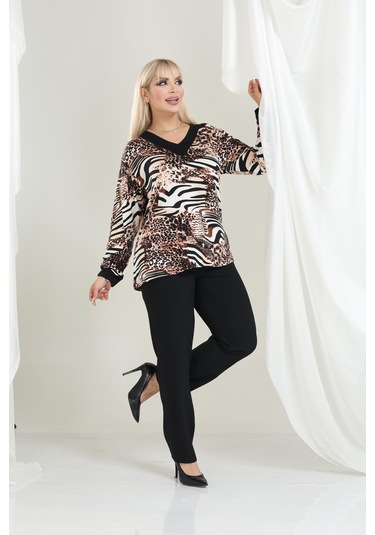 Bambu Viskon V Yaka Uzun Kollu Bluz Rahat Kalıp, Büyük Beden Xl 6xl Zebra