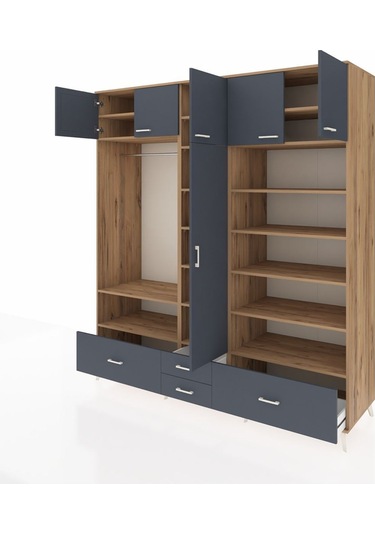 Kronos Dolap 18 Raflı 4 Çekmeceli Tek Askılı 220x59x243 Çam-antrasit/antrasit Antrasıt/antrasıt