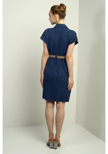 Kadın Torba Cepli Beli Kemerli Elbise-40688 Lacivert