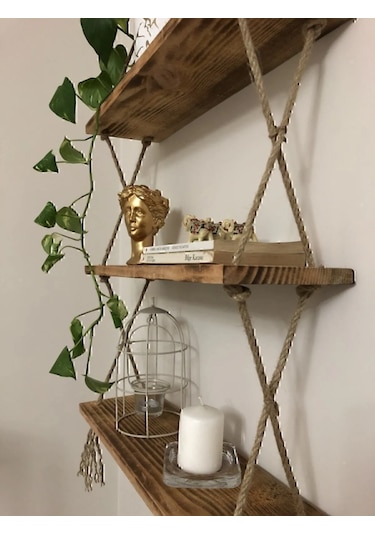 Ahşap Dekoratif Tasarım 3'lü Halatlı Raf Hazır Kurulu 39cm 9cm