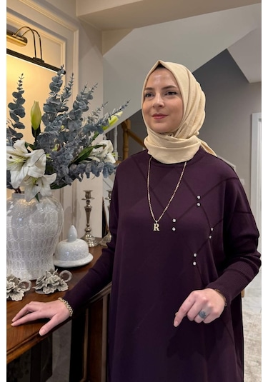 Rabia Şamlı Melda Triko Tunik Mürdüm Çok Renkli