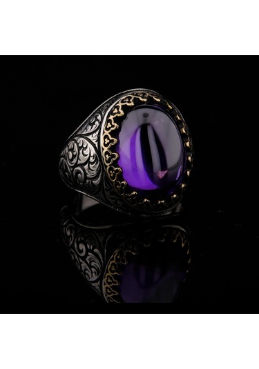 925 Ayar Gümüş Sarmaşık Desenli Ametist Taşlı Erkek Yüzük Çok Renkli