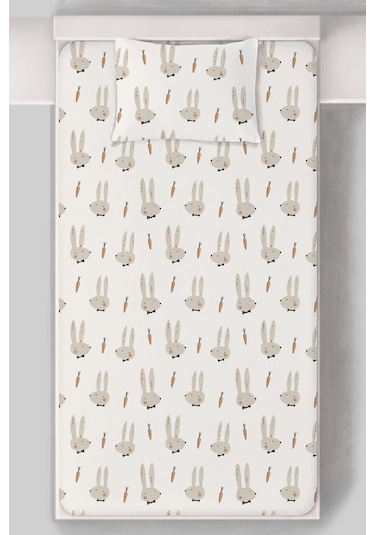 Organik Tek Kişilik Lastikli Çarşaf Seti - Papyonlu Tavşan Renkli