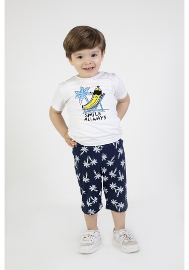 Erkek Bebek Kaprili Kısa Kollu Smile Desen Baskılı Yazlık Basic Alt-üst Takım 6-24 Ay Beyaz