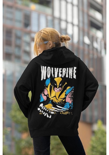 Sevbano Wolverine Karakter Baskılı Unisex Oversize Hoodie Siyah