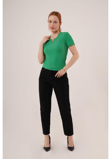 Kısa Kollu Yaka Detaylı Kaşkorse Yeşil Bluz Karışık