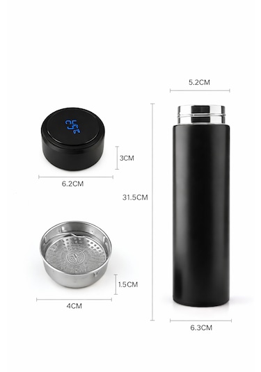 Siyah Dijital Isı Göstergeli Termos 500 Ml - Akıllı Paslanmaz Çelik Dereceli Termos Mat Siyah