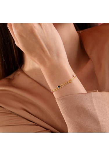 925 Ayar Gümüş 2 Sıra Zincirli Karışık Renk Göz Bileklik Altın