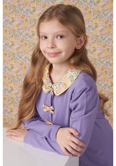 Made With Liberty Fabric Liberty Kumaş Kız Çocuk Triko Hırka Mor