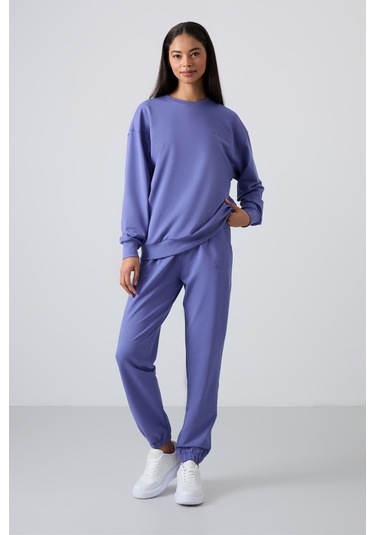 Tommy Life Eflatun Basic Pamuklu O Yaka Oversize Lastik Paça Kadın Eşofman Takım - 95287 Mor