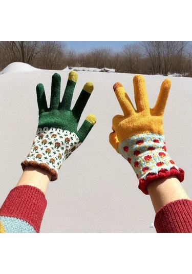 Elmpaly Pembe Kışlık Bisiklet Kayak Eldiveni Çiçek Desenli Rüzgar Koruma Dokunmatik