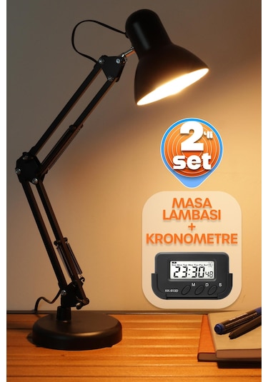2li Set Masa Lambası + Kronometreli Öğrenci Saati Akrobat Metal 360 Çalışma Masası Lambası Siyah Siyah