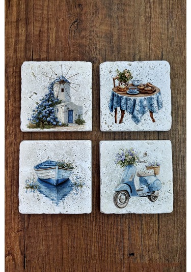 Doğal Taş Bardak Altlığı - Nostalji Temalı Mavi Tonlar - Stone Coasters Çok Renkli