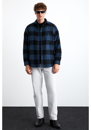 Wıldy  Erkek Pamuk-polyester Gömlek Yaka Relaxed Oduncu Mavi Gömlek