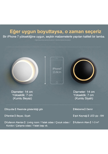 Led Duvar Lambası 360 Derece Döndürme Ayarlanabilir Başucu Lambası Beyaz Siyah Yaratıcı Duvar Lambası Siyah Modern Koridor Yuvarlak Lamba, Renk Sıcaklığı: Sıcak Beyaz Siyah