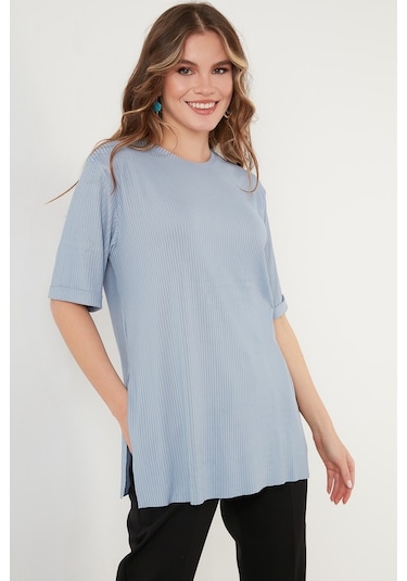 Lela Oversize Bisiklet Yaka Yırtmaç Detaylı Bayan Bluz 5863683 Bebe Mavi