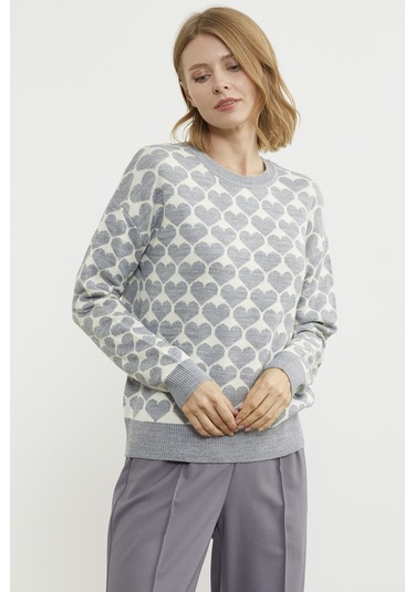 Kalp Desenli Sıfır Yaka Triko Kazak - Gri 001