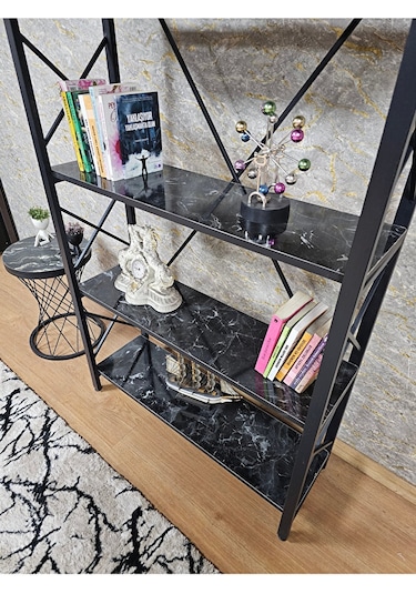 Siyah Boyalı Kitaplık - 5 Raflı Suntalem Lüks Kitaplık Siyah Merm Çok Renkli