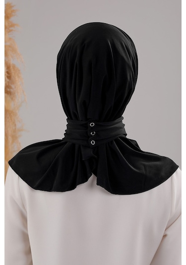 Kadın Tesettür Pratik Çıtçıtlı Sandy Fular Hazır Deniz Havuz Uyumlu Bone Siyah Siyah