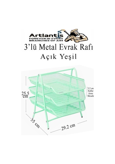 Evrak Rafı Metal 3 Lü Yeşil 1 Paket Masaüstü A4 Dosya Düzenleyici Kağıt Tepsisi Metal Çelik Fileli Üç Katlı Hareketli Açık Yeşil