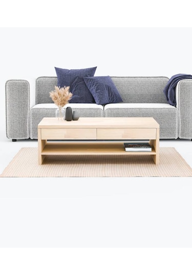 Masif Ağaç Çekmeceli Ve Raflı Orta Sehpa 120 X 60 Naturel Ahşap