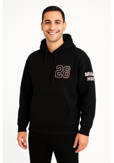 Üç İplik Kapüşonlu Ön Ve Arka Baskılı Sweatshirt Hoodie - Siyah Siyah