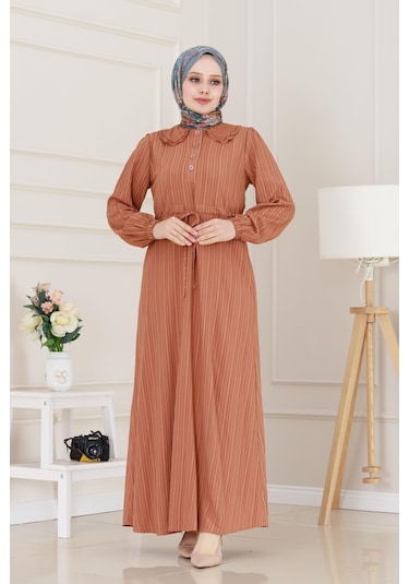 Yakası Güpür Nova Elbise-kiremit-5071 Yeşil