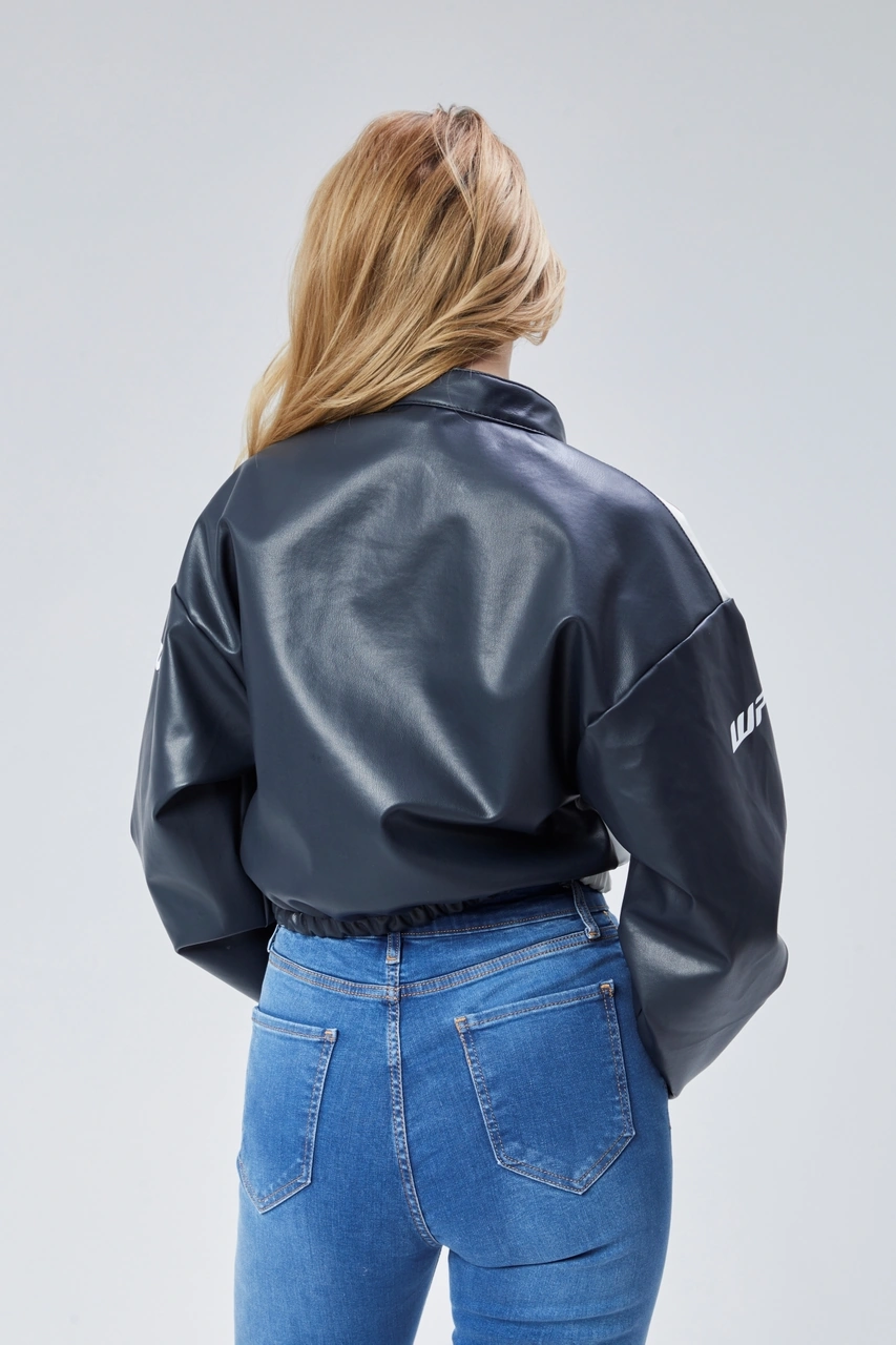 Kadın Deri Baskılı Şeritli Ceket Beli Ve Kolu Lastikli Kolej Hakim Yaka Bomber Yarışçı Motorcu Mont Lacivert